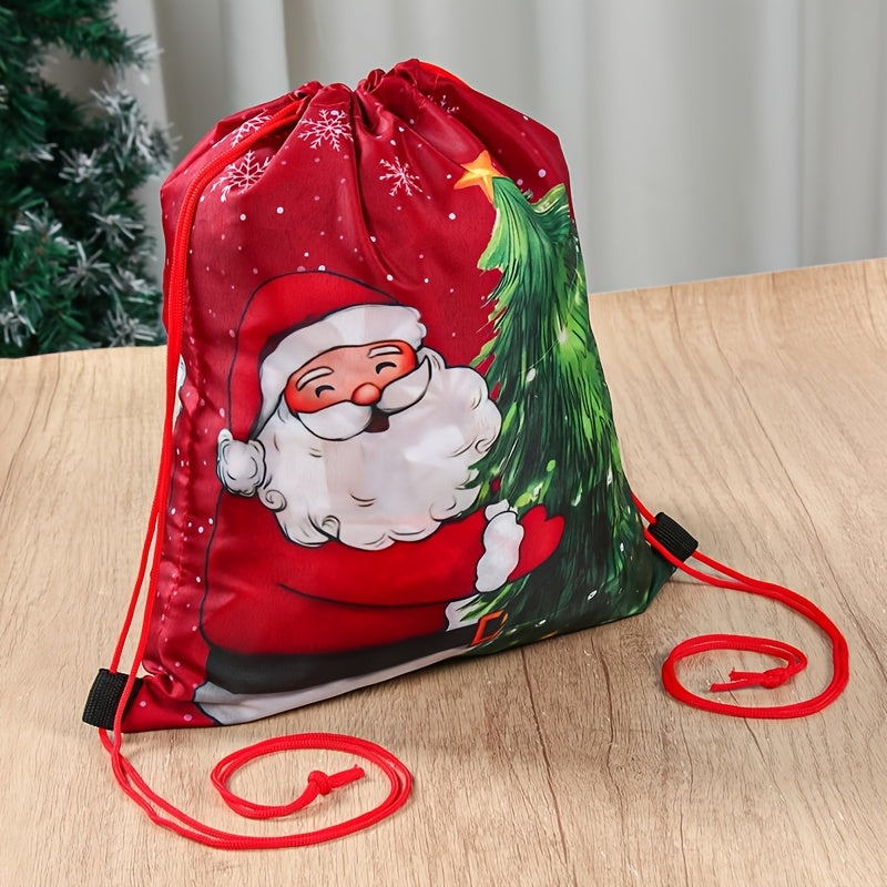 1pc Santa Claus Christmas Tree Drawstring Bag - Red & Green Holiday Gift Packaging with Santa, Snowflakes & Pine Trees, Durable Polyester Gym Bag for Christmas, New Year, Festive Design, Seasonal Decorations, Festive Occasion