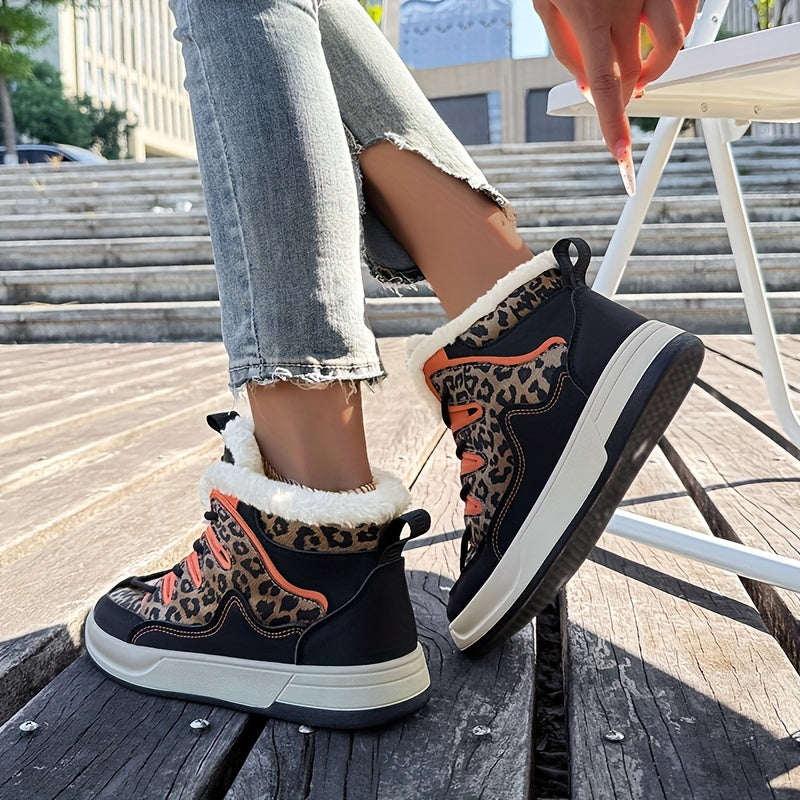 Women'S Stylish Leopard Print Winter Sneakers - Warm Fleece-Lined Casual Shoes with Thick PVC Sole, Black & Orange Design, Perfect for Fall/Winter Outdoor Activities, Winter Sneakers | Leopard Print Shoes | Durable PVC Sole