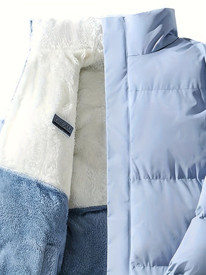 Men'S Double-Sided Fleece-Lined Thickened Jacket - Casual Stand Collar with Letter Print, Regular Fit, Pockets, Polyester Fill, Versatile for Fall/Winter, Winter Jacket