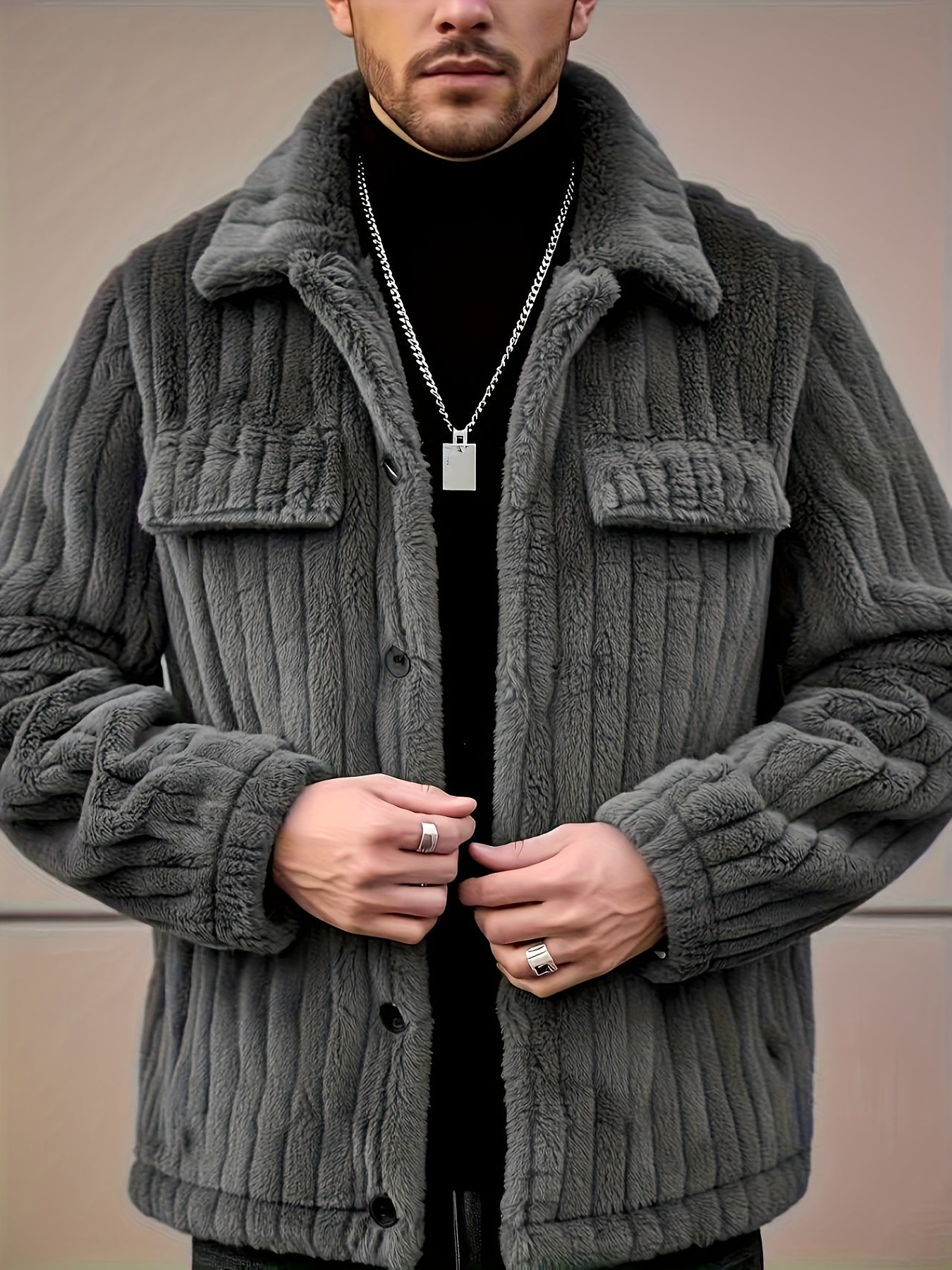 Men's Casual Winter Fleece Flannel Jacket with Button Front