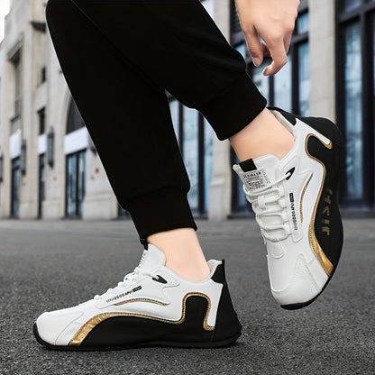 Letter Print. Casual Fashion. Low Top. Lace-Up. Solid Color. Comfortable. Good Grip. Unisex. Multifunctional. Skate Shoes. Men'S Casual Sports Sneakers Breathable, Non-Slip Running Shoes, Soft Sole, Golden And Black Design. G - ayq