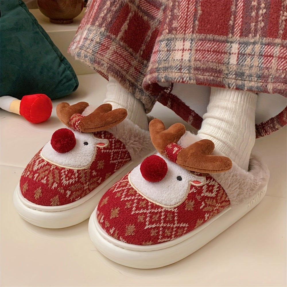 XIXITIAO Women's /Korean Style Winter Slippers - Deer & Reindeer Pattern Cozy Warm Booties, Soft Fabric & Sole for Indoor/Outdoor Use, Cute Animal Shoe for Christmas, Hand Washable