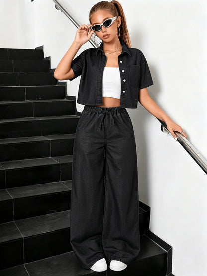Girls' Casual 2-Piece Set: Short Sleeve Shirt & Wide-Leg Pants