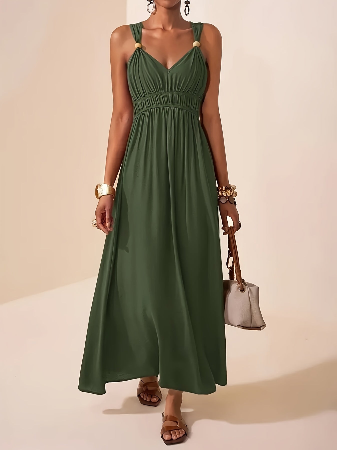 Elegant Summer V-Neck Beaded Sleeveless Waist-Cinching Dress