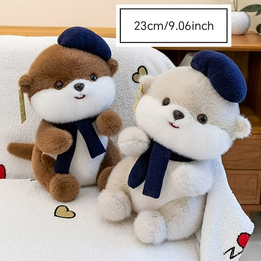 Cute Beret Beaver Plush Toy | Soft Stuffed Animal Doll with Scarf, Adorable Beaver Plushie Birthday Gift for Girls and Children, Polyester Fiber, and Dark Brown