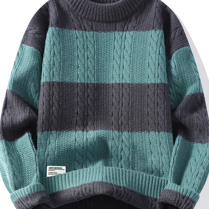 Striped Color-Block Knit Sweater for Men | Loose Fit, Crew Neck, Rib-Knit, Ideal for Spring/Fall Season, Street Style, Perfect for Male Teenagers