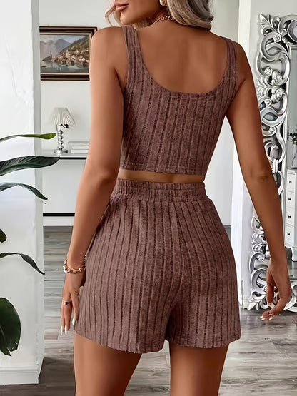 Women's Casual Summer Tank Top and Shorts Set, Polyester Blend