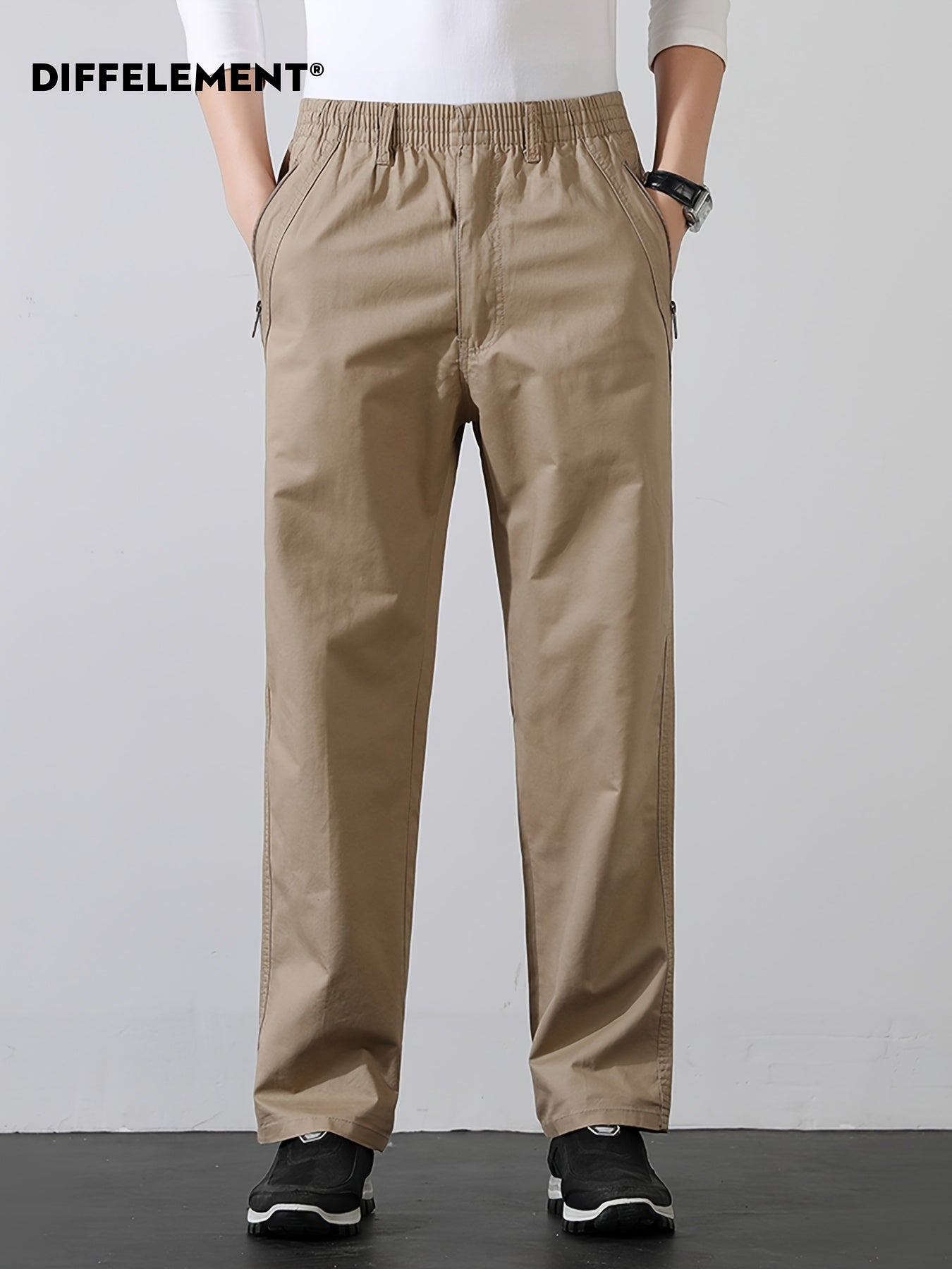 Men's Cotton Casual Trousers with Elastic Waist and Zipper Pockets