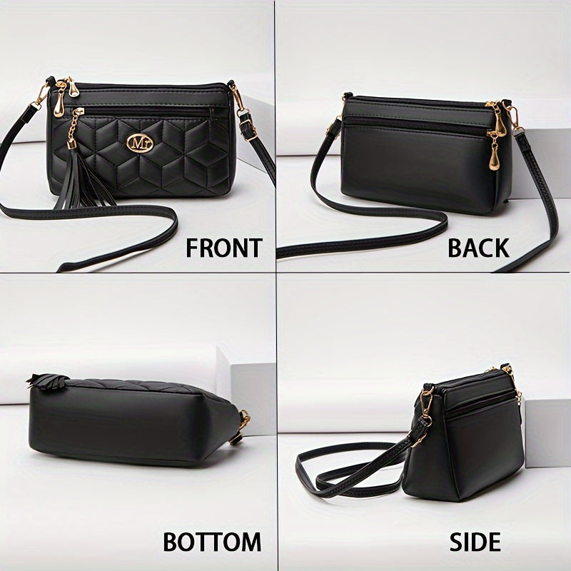 Quilted Women'S Crossbody Bag with Large Capacity, Casual Shoulder Bag Featuring Tassel Decorations, Multiple Zip Openings, And Adjustable Shoulder Strap