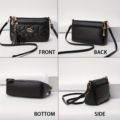 Quilted Women'S Crossbody Bag with Large Capacity, Casual Shoulder Bag Featuring Tassel Decorations, Multiple Zip Openings, And Adjustable Shoulder Strap