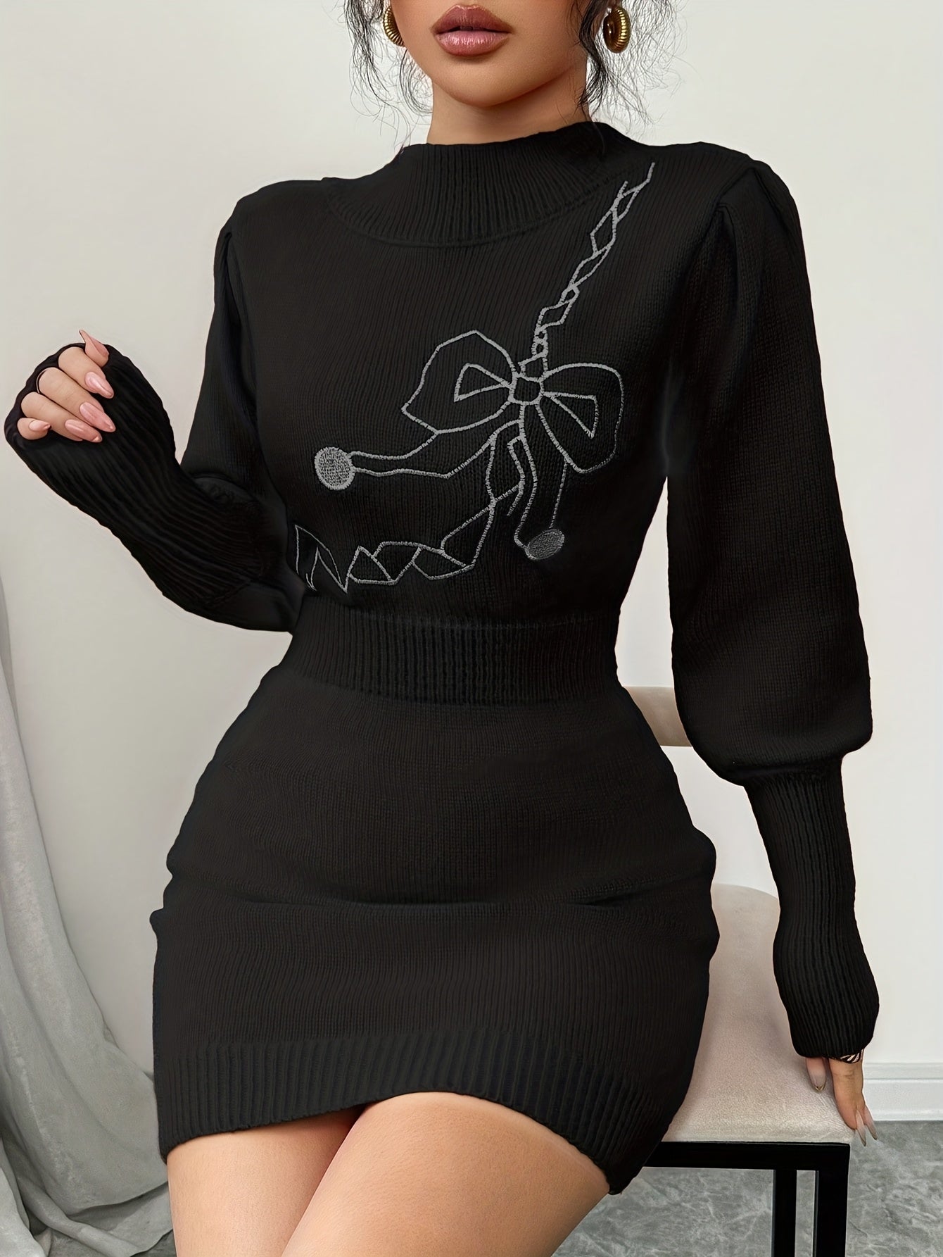 Women's Elegant Slim-Fit Sweater Dress with Bow Design, Fashionable and Versatile, Suitable for Autumn and Winter, Christmas Gift
