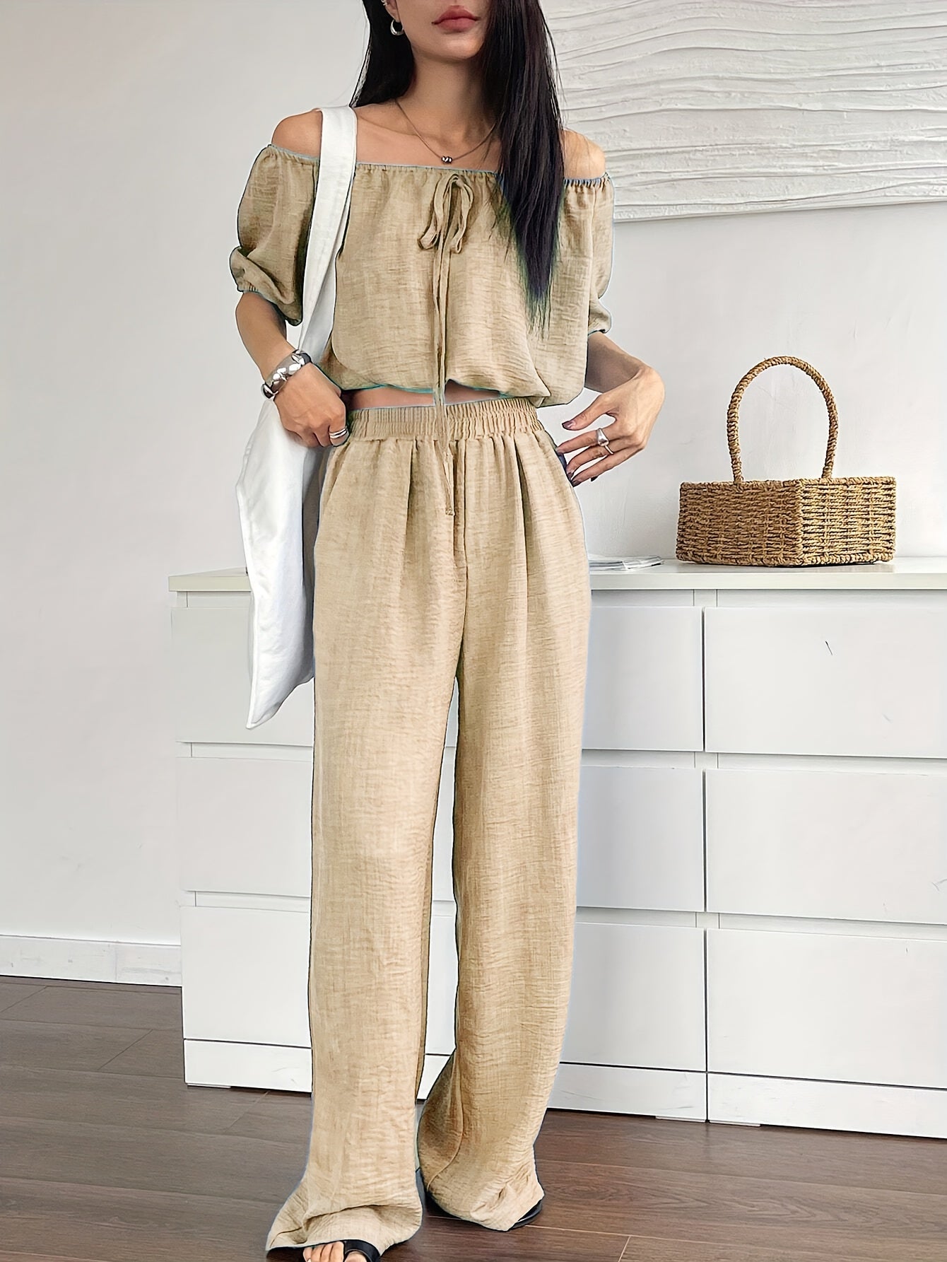 Women's Summer Solid Color Off-Shoulder Puff Sleeve Crop Top and Loose Wide-Leg Pants Two-Piece Set