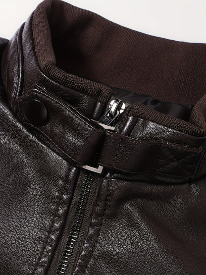 Men's Stylish Burgundy Jacket - Fall/Winter Trendy Stand Collar Biker Jacket with Multiple Zippered Pockets, Casual Design for Casual Attire, Fall Jacket | Modern Casual Jacket | Glossy Finish Jacket