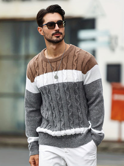 Men's Color-blocked Tweed Knitted Sweater, Round-neck Long-sleeved Knitted Color-blocked Light Gray for Business and Casual Outings