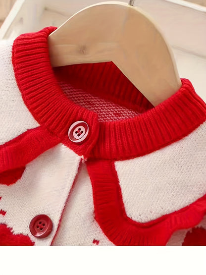 Girls' Red & White Knitted Dress with Ruffled Collar & Heart Patterns - Slim-Fit All-Season Party Wedding Outfit, Elastic Button-Front Bodice & Flared for New Year's Performances ( to)
