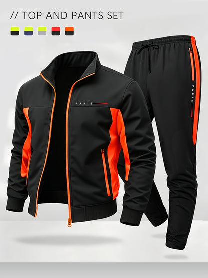 Men's Color Block Sportswear Set with Stand Collar Jacket & Pants