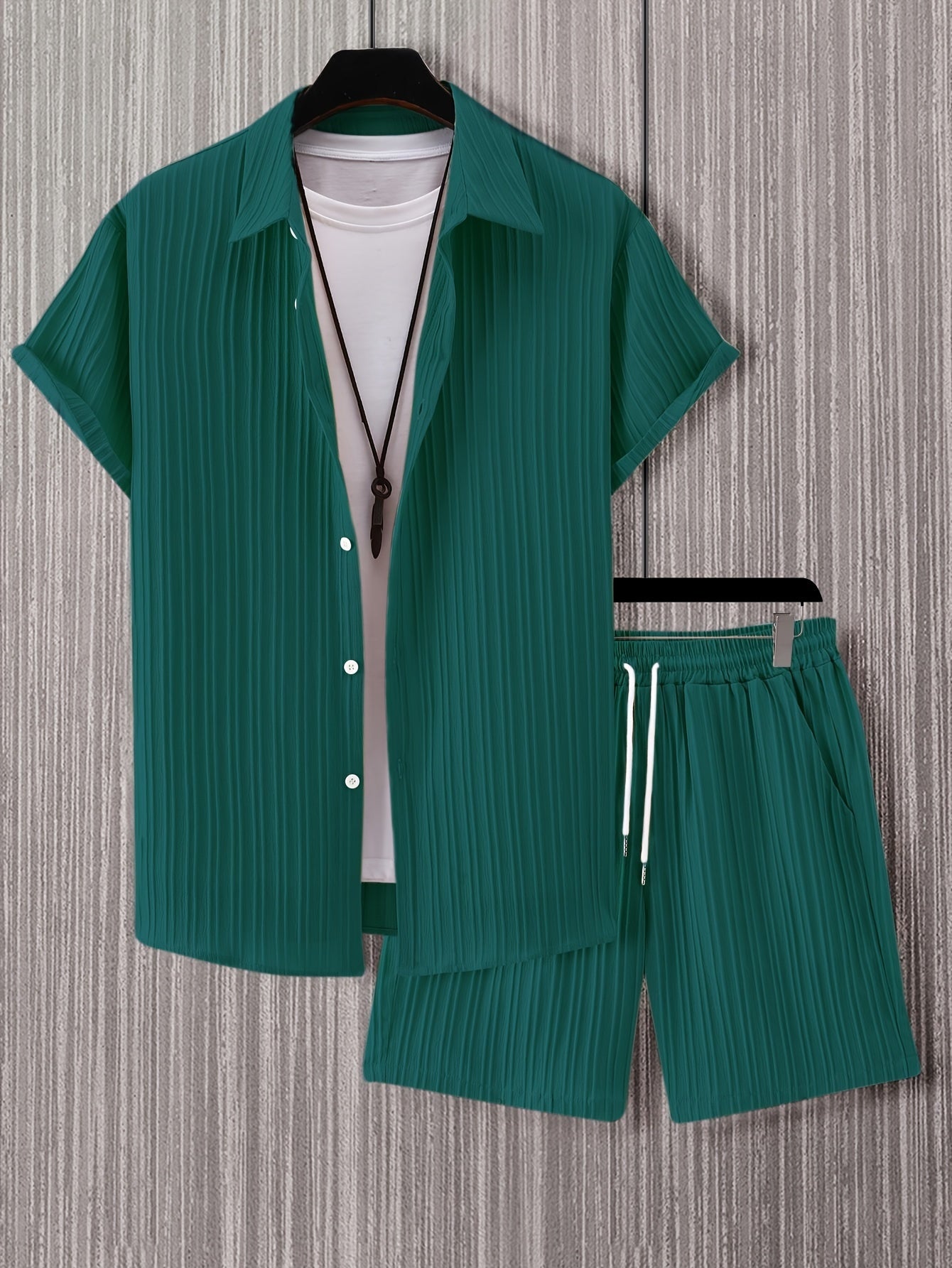 Men's Casual Loose Fit Solid Button-Up Shirt and Shorts Set