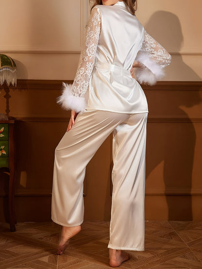 QYR Development 913 Women'S Solid Color Lace Spliced Belt Long Sleeve + Long Pants Pajamas Loungewear Set
