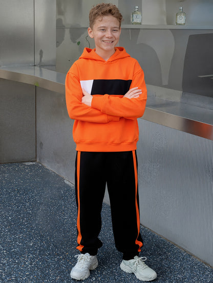 2pcs Boys' Winter Hooded Sweatsuit & Pants - Warm Sweater Outfit with Matching Long Pants, Colorblock Hoodie (Suitable for & Big Kids) - Machine Washable 2pcs set, Perfect for Outdoor