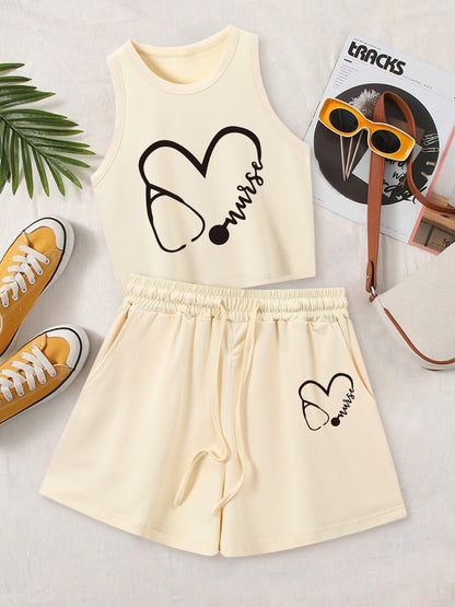 Women's Casual Vest and Shorts Set with Drawstring Detail