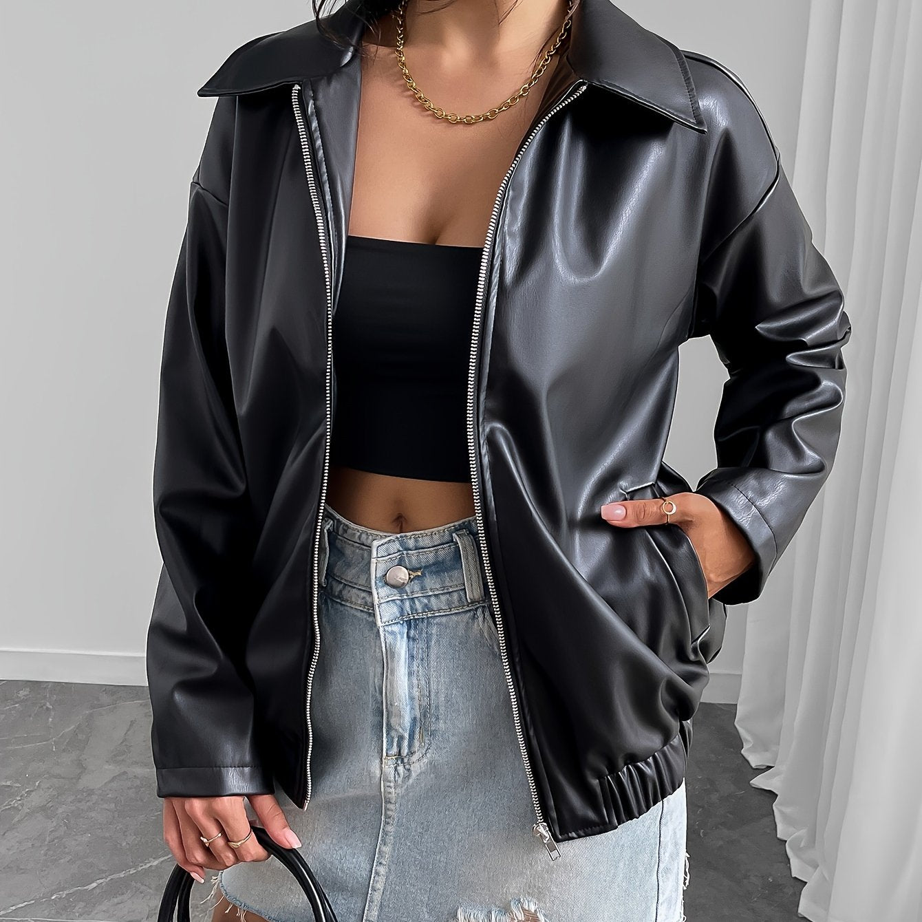 Women's Stylish Black Jacket - Casual Zip-Up with Lapel Collar, Long Sleeves & Side Pockets for Spring/Fall