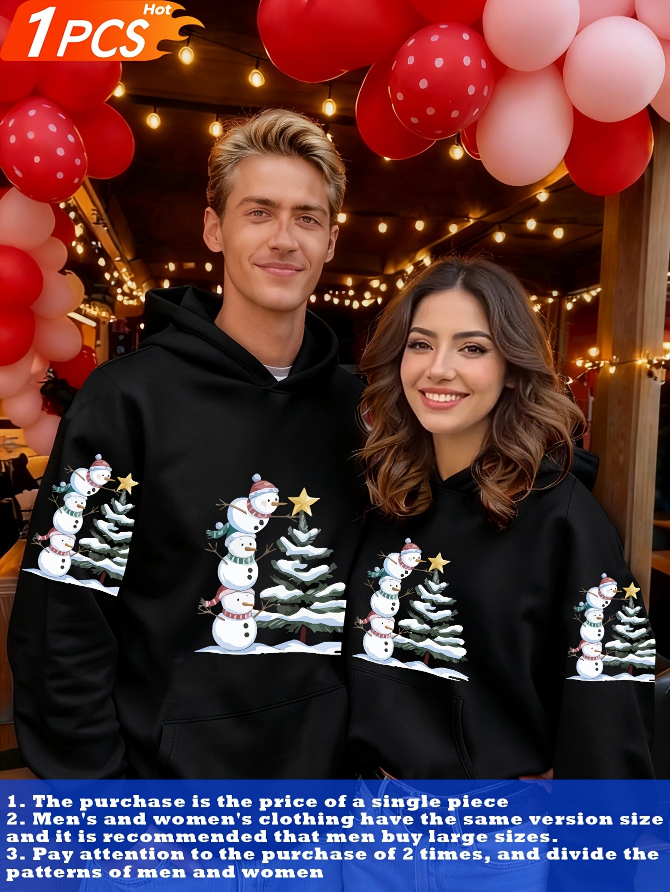 1pc Couple Matching Snowman Christmas Tree Print Oversized Hooded Sweatshirt, New Arrival Valentine'S Day Outfit, Casual Elegant Stretchy Fiber Fabric, Fleece Lined Soft Warm Long Sleeve Top For Sports, Travel & All-season We