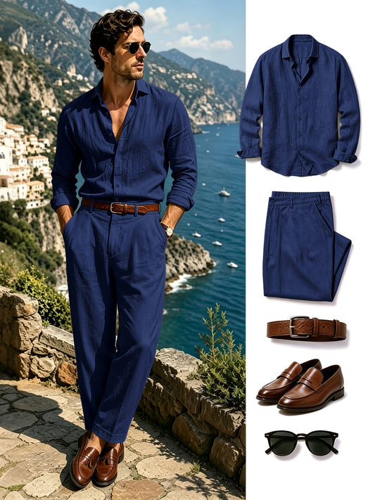 Men's Lightweight Linen Long-Sleeve Shirt & Pants Set for Spring/Fall