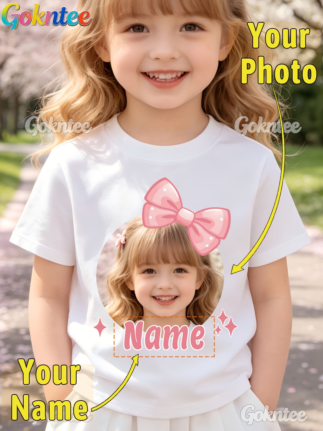 Girls' Personalized Cartoon T-Shirt with Pink Bow, Crew Neck