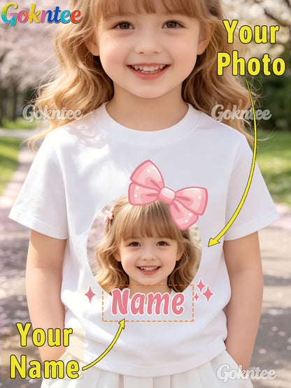 Girls' Personalized Cartoon T-Shirt with Pink Bow, Crew Neck
