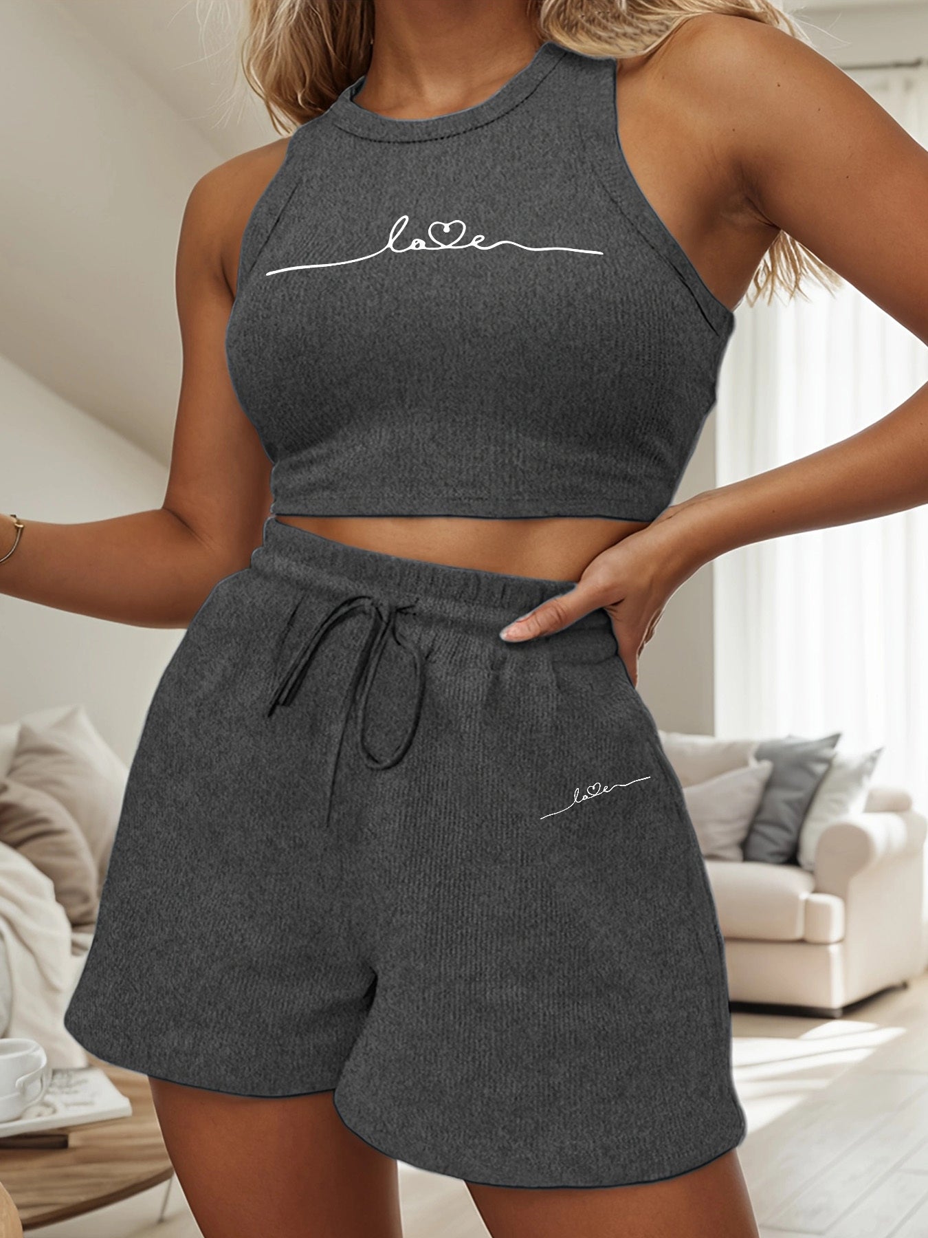 Women's Printed Vest and Shorts Set with Drawstring, Breathable Casual
