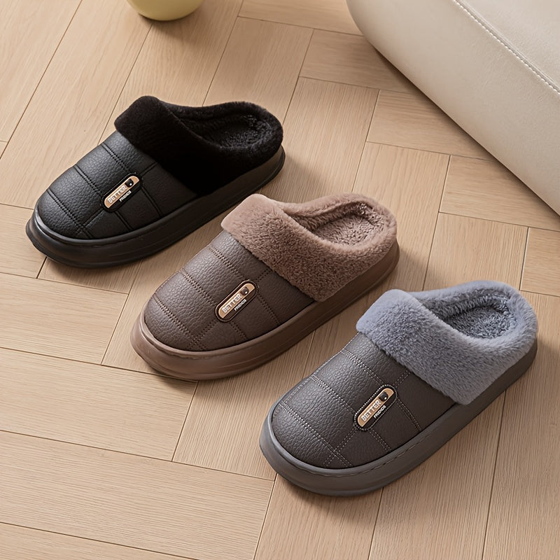 Men's Large PU Faux Leather Slippers Thick EVA Sole Warm Slip-On