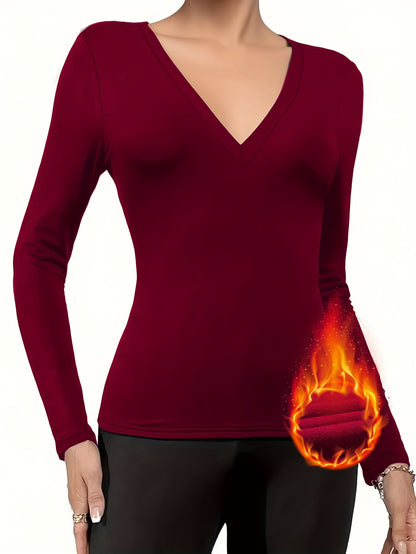 Women'S V-Neck Long Sleeve Top - Elegant Maroon Blouse with Fire Design, Stretchy Fabric for Fall/Winter, Office, Party, Everyday Outfits - Women'S Fashion Clothing, Ladies Tops And Blouses, Party Attire, Office Wear, Stylish