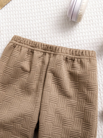 2pcs Boys' Autumn/Winter New Ribbed Patchwork Cute Bear Panda Collar Jacquard Solid Sweatshirt and Solid Jacquard Pants Casual Fashion Set, Perfect for Outdoor