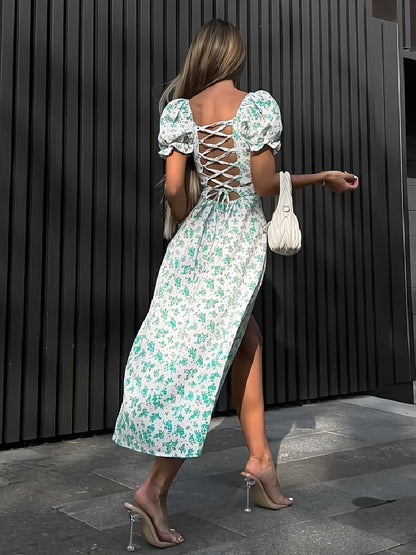 French-Style Midi Dress with Heart Neckline and Puff Sleeves