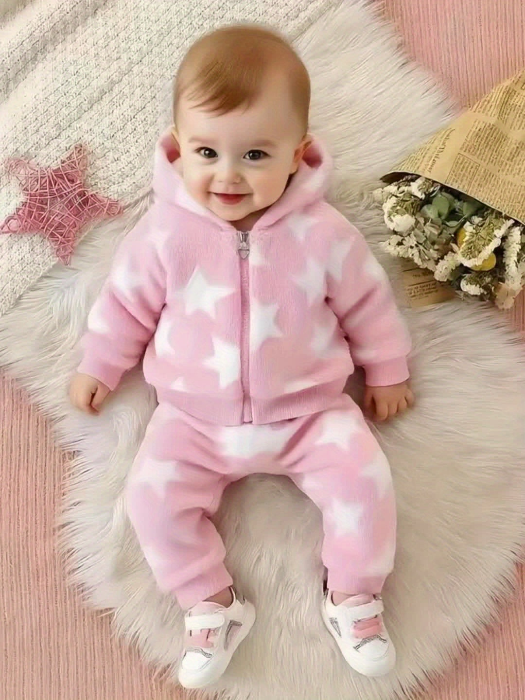 Newborn Cute Baby Girl Autumn and Winter Season, Thickened Plush Newborn Cartoon Star Pattern Hooded Zipper Long Sleeve Warm Top + Star Pattern Plush Warm Pants Set. Essential for Outdoor Travel and Home Use, Recommended Gift