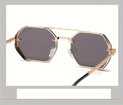 1pc Stylish Polygonal Golden Frame Fashion Glasses with Chain Link Design - Black Metal Fashion Glasses for Fashion-Forward Look