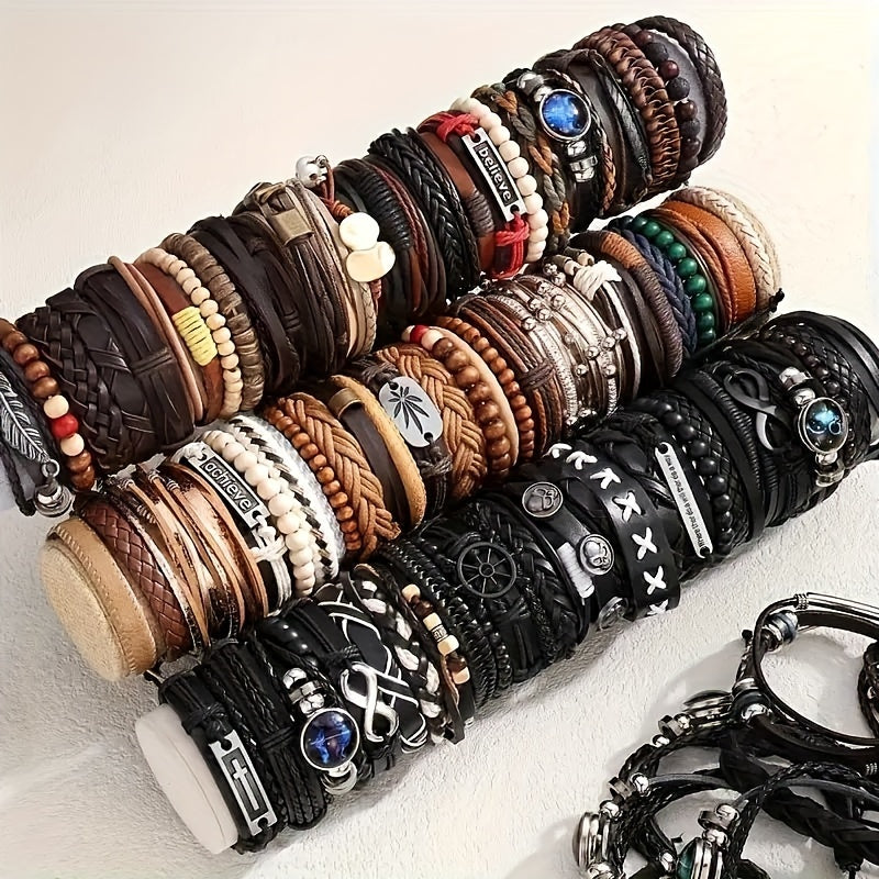 4/18/36pcs Vintage Fashion Faux Leather Bracelet Western Punk Style Beaded Wristband, Handwoven DIY Random Styles