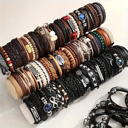 4/18/36pcs Vintage Fashion Faux Leather Bracelet Western Punk Style Beaded Wristband, Handwoven DIY Random Styles