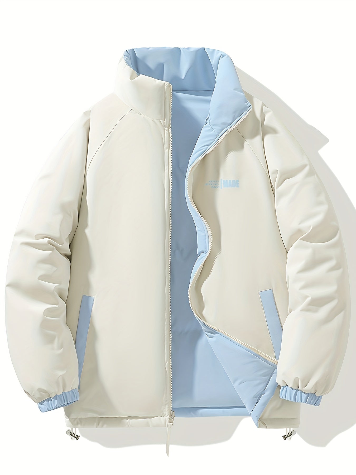 Men'S Double-Sided Winter Jacket - Thickened Stand Collar, Zip-Up Casual Long Sleeve Coat with "MADEASURABLE" & "I CONUT" Branding, Black & White, Regular Fit for Autumn & Winter, Autumn Outerwear, Bold Lettering, Durable Fab