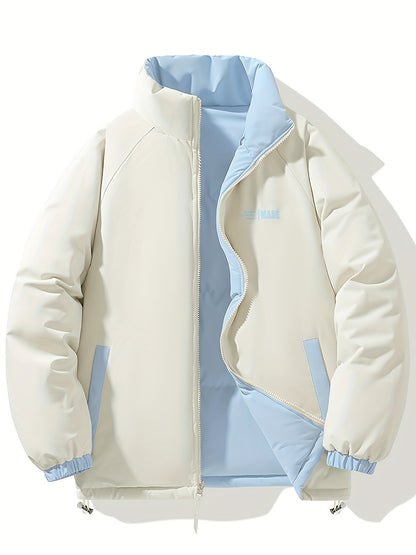 Men'S Double-Sided Winter Jacket - Thickened Stand Collar, Zip-Up Casual Long Sleeve Coat with "MADEASURABLE" & "I CONUT" Branding, Black & White, Regular Fit for Autumn & Winter, Autumn Outerwear, Bold Lettering, Durable Fab