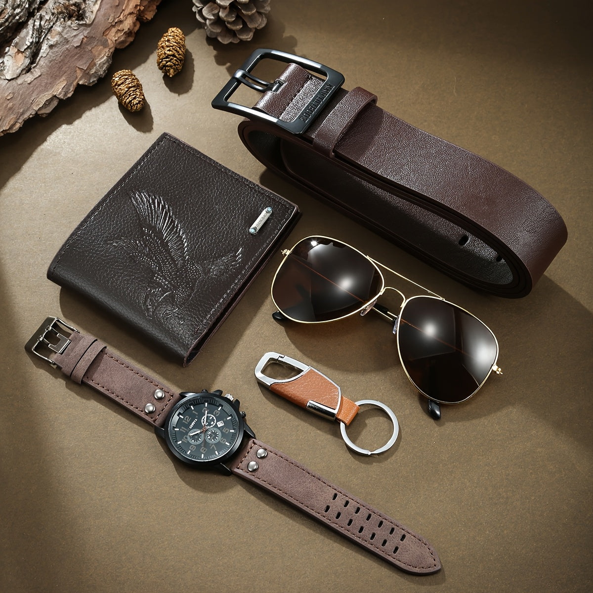 A Men'S Belt Gift Set Consisting of Five Items: a Belt, a Watch, a Wallet, Glasses, And a Keychain, Featuring a Luxurious And Business-Oriented Design That Enhances Your Charm