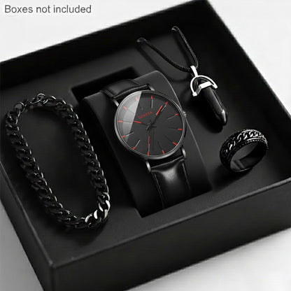 Men'S Luxury Quartz Wristwatch and Jewelry Set | Black Analog Watch with Dual Display, Includes Matching Bracelet, Necklace, and Ring - Ideal for Birthdays, Christmas, Ramadan