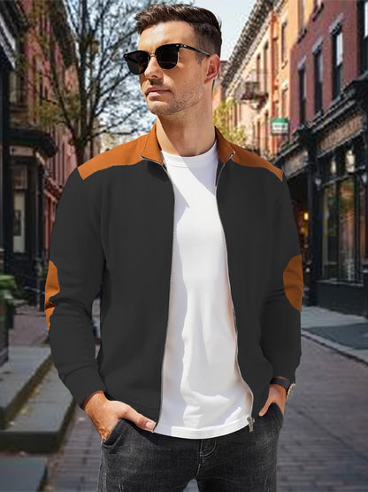 Men'S Long Sleeve Patchwork Fashion Warm Jacket, Corduroy Long Sleeve Warm Coat with Zipper Stand Collar Long Sleeve Casual Comfortable Autumn and Winter Style