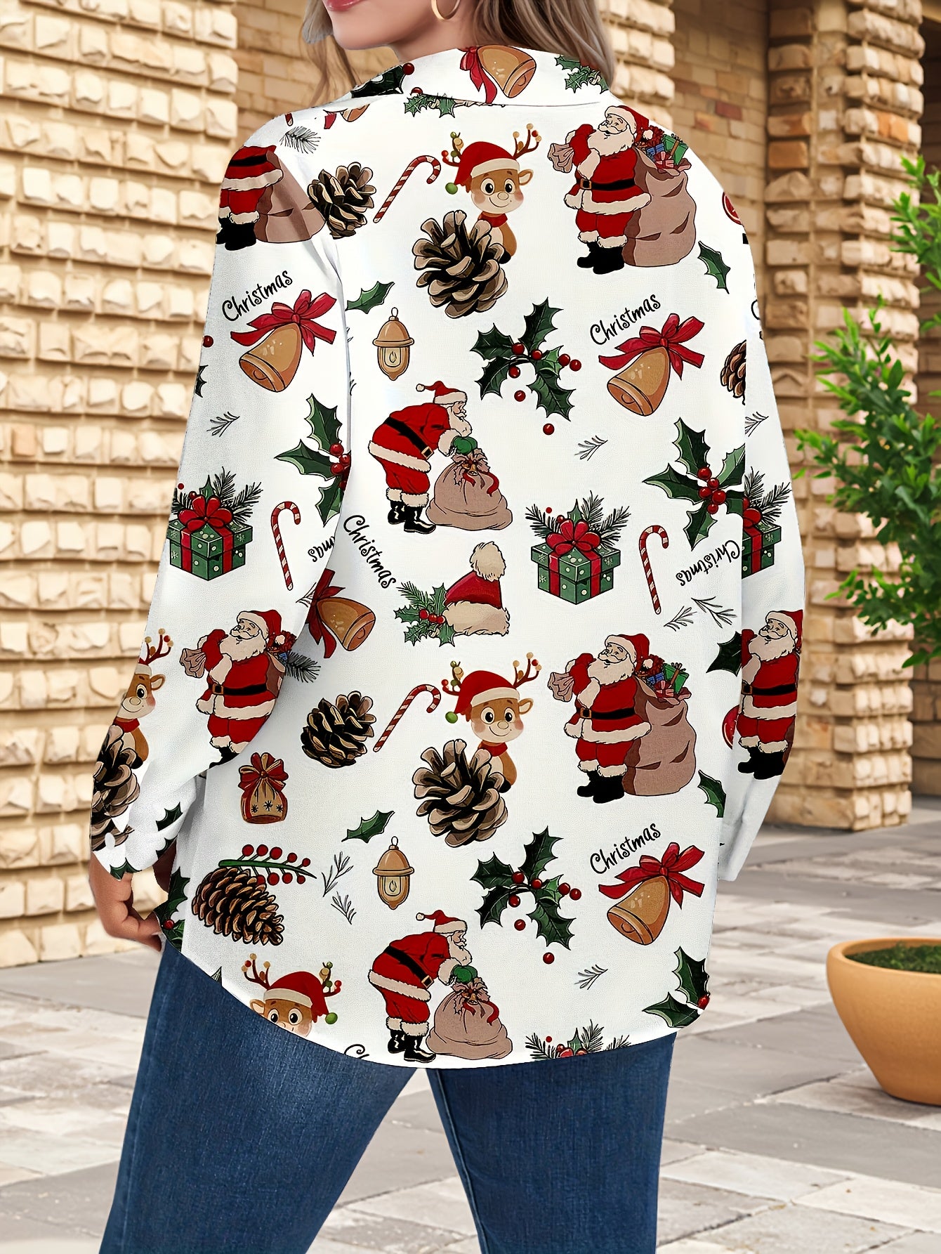 Plus Size, Women's Plus Size Winter Deer & Moose Print Blouse - Long Sleeve Christmas Party Shirt with Collar & Button Front, Red & Black Nordic Winter Pattern, Machine Washable Elegant Casual Holiday Outfits for Christmas &