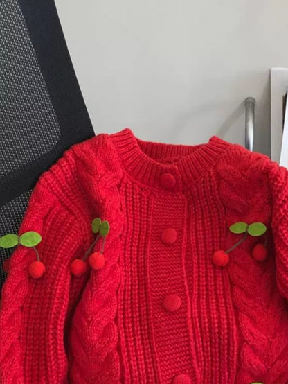 Women'S Purple Cable Cardigan with Cherry & Leaf Embellishments - Cozy Button-Up Sweater for Fall & Winter, Soft & Stylish Design, Perfect for Casual or Holiday Outfits, Winter Cardigan | Cable Cardigan | Buttoned Closure, Sw