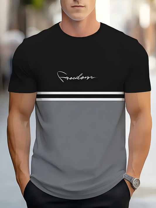 Men's Casual Summer Color Block T-Shirt - Short Sleeve, 2XL, Vintage Style, Black  Gray with "FREEDOM" Print, Lightweight Polyester, Round Neck, Machine Washable, Casual Streetwear Twotone Top Polyester Fabric