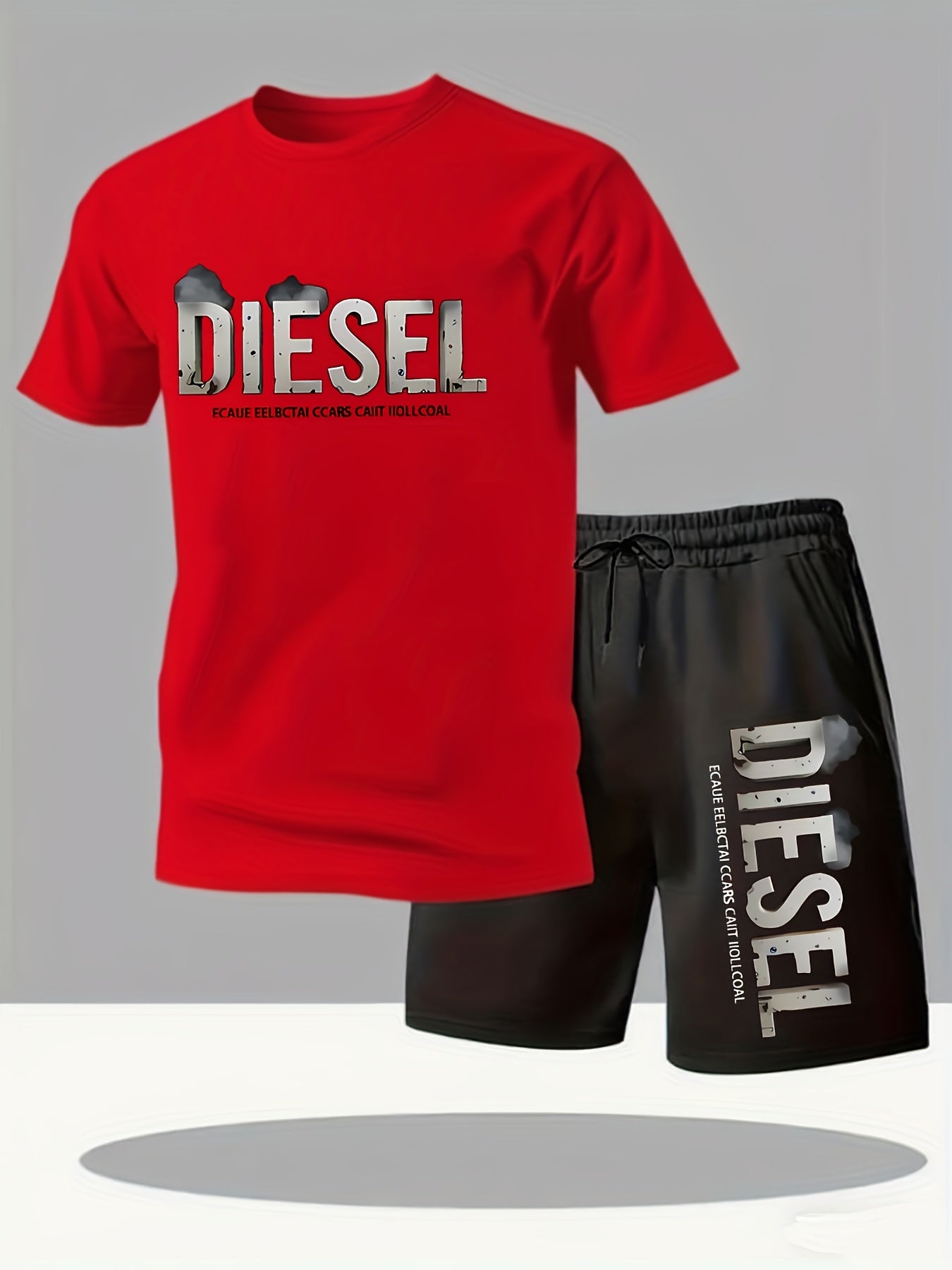 Summer Men'S Casual Sports Short Sleeve T-Shirt and Shorts Set, Comfortable Breathable, Suitable for Outdoor Jogging Running Fitness, Diesel Letter Print Design - 2pcs Set