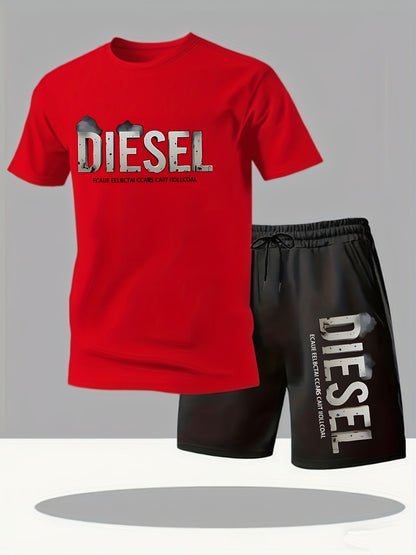 Summer Men'S Casual Sports Short Sleeve T-Shirt and Shorts Set, Comfortable Breathable, Suitable for Outdoor Jogging Running Fitness, Diesel Letter Print Design - 2pcs Set