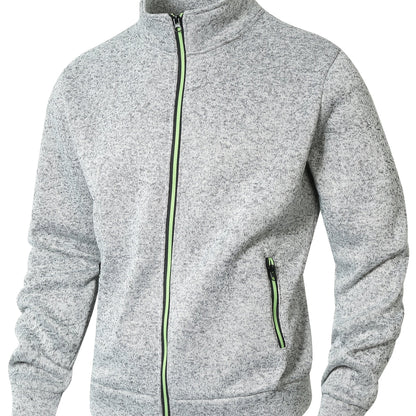 Men's Sporty Full-Zip Stand Collar Sweatshirt - Long Sleeve Casual Pullover with Neon Green Accents, Solid Color Non-Stretch Fabric, Regular Fit for Fall Winter