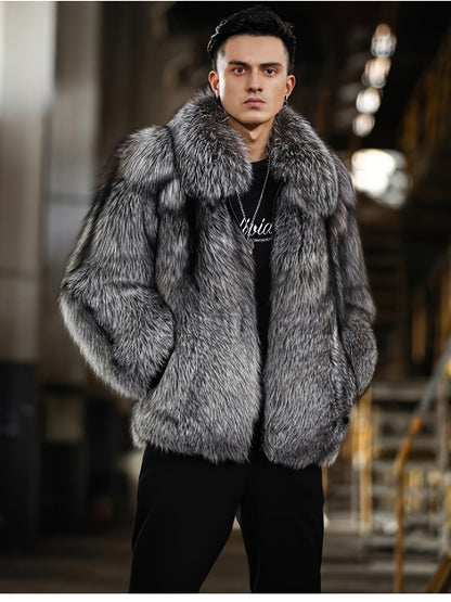 Men'S Faux Fur Coat with Imitation Fur Lining, Square Neck Zipper Short Winter Windproof Warm Loose Casual Jacket for Young Style